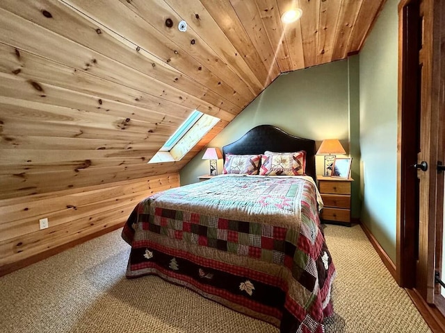 17-3 S Branch Way Unit 35, Sandy River Plt, ME 04970 - bedroom with carpet floors, vaulted ceiling, wood ceiling, and a skylight