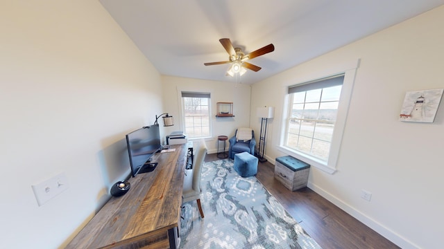 office space with ceiling fan and dark hardwood / wood-style flooring