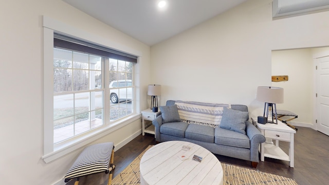 living room featuring dark hardwood / wood-style floors, a healthy amount of sunlight, and vaulted ceiling