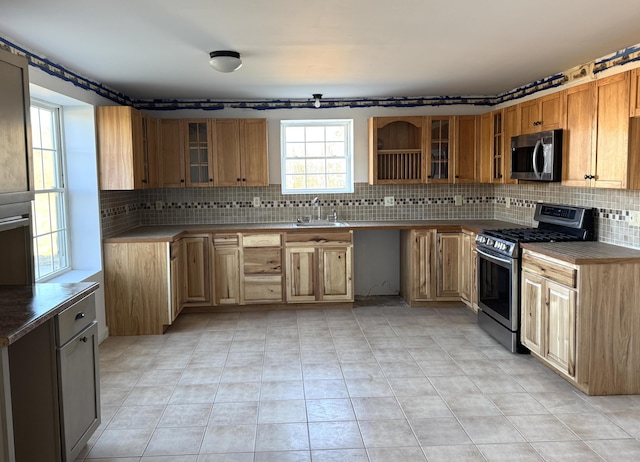 kitchen with stainless steel appliances, tasteful backsplash, a sink, and glass insert cabinets