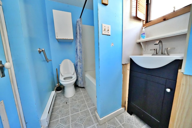 full bathroom featuring radiator, shower / bathtub combination with curtain, a baseboard radiator, toilet, and vanity