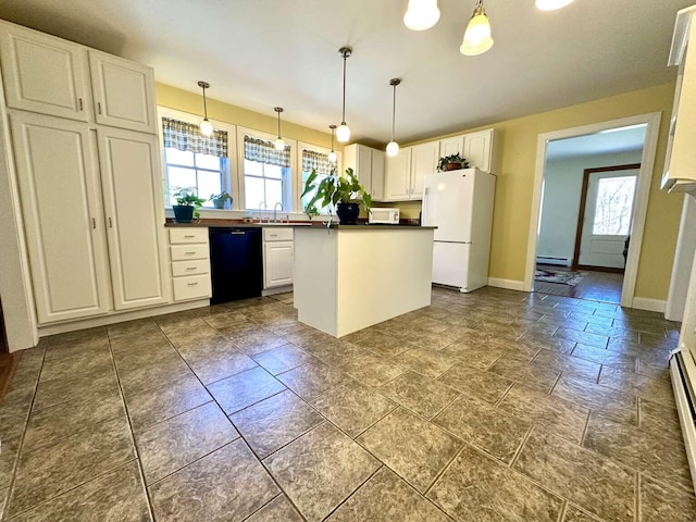 281 Danville Corner Rd, Auburn, ME 04210 - kitchen featuring baseboards, white cabinets, a baseboard heating unit, and white appliances