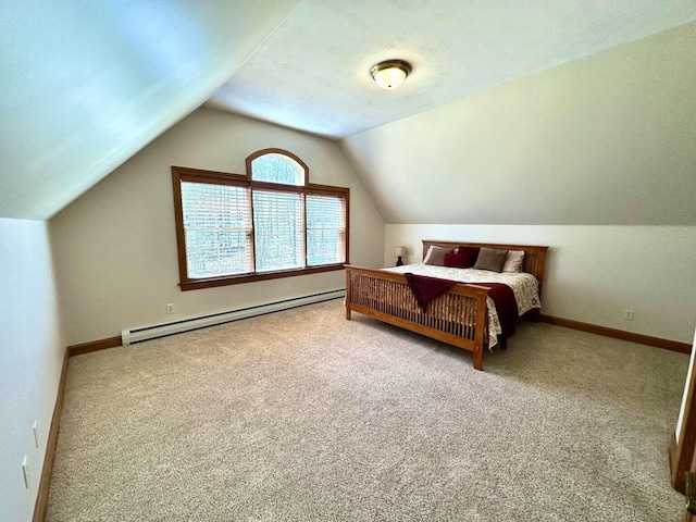 281 Danville Corner Rd, Auburn, ME 04210 - bedroom with baseboards, a baseboard radiator, carpet, and lofted ceiling