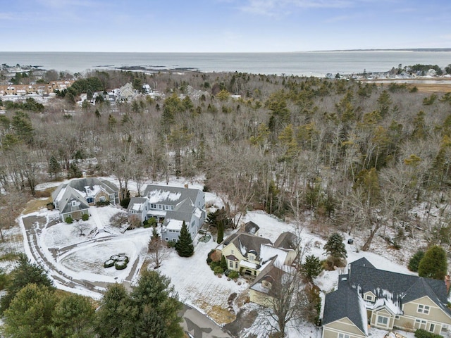 snowy aerial view featuring a water view