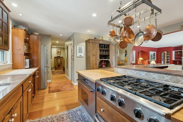 kitchen with stainless steel appliances and light hardwood / wood-style floors