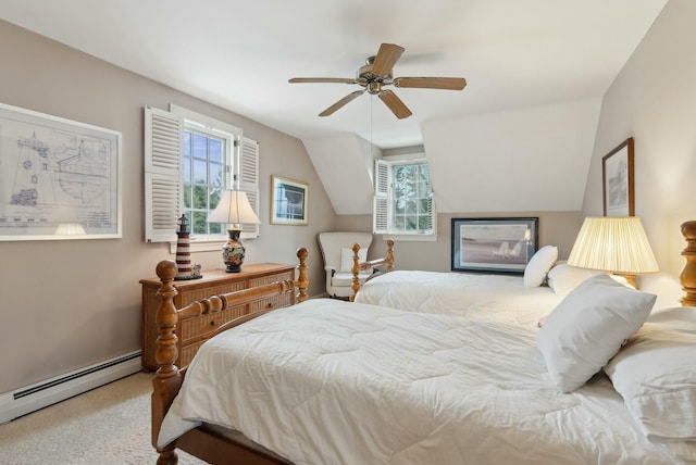 carpeted bedroom featuring ceiling fan, a baseboard heating unit, and lofted ceiling