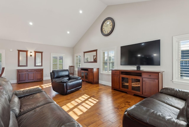 living room with light hardwood / wood-style flooring, high vaulted ceiling, and a healthy amount of sunlight