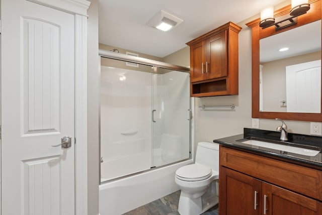 full bathroom featuring hardwood / wood-style floors, vanity, toilet, and bath / shower combo with glass door