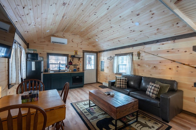 living room featuring a wall mounted air conditioner, wooden ceiling, light hardwood / wood-style floors, lofted ceiling, and wood walls