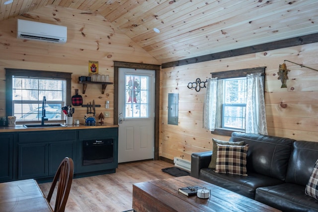 living room featuring wooden ceiling, a baseboard heating unit, an AC wall unit, sink, and wooden walls