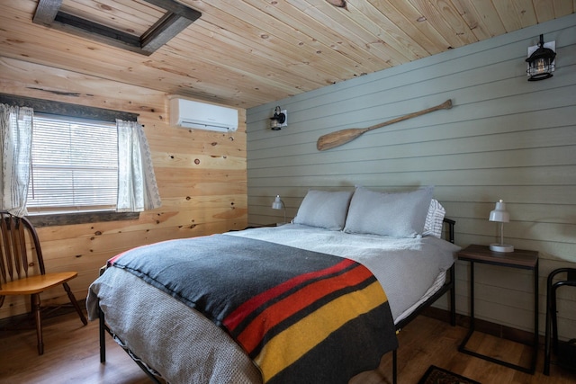 bedroom with hardwood / wood-style flooring, wood walls, wooden ceiling, and a wall unit AC