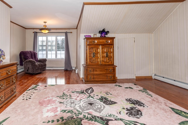 living area featuring lofted ceiling, light wood-type flooring, crown molding, and a baseboard radiator