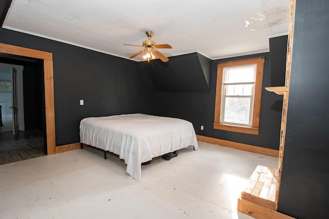 1153 Dexter Rd, Dover-Foxcroft, ME 04426 - bedroom with concrete floors and ceiling fan