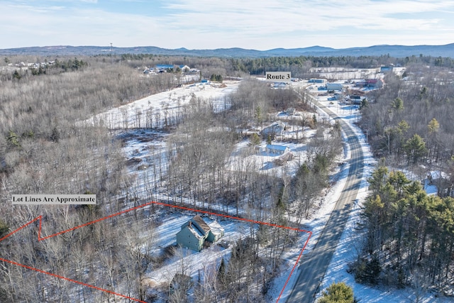 snowy aerial view featuring a mountain view