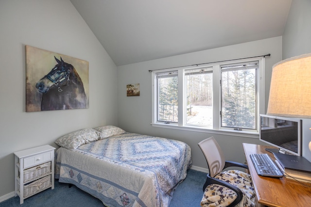 bedroom with carpet flooring, lofted ceiling, and multiple windows