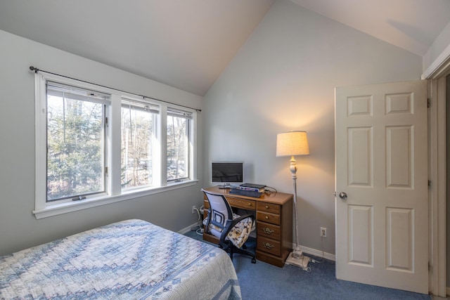 carpeted bedroom with vaulted ceiling