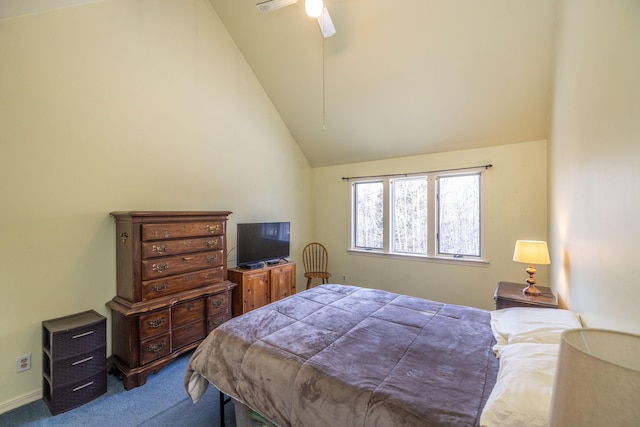 bedroom featuring carpet flooring, ceiling fan, and lofted ceiling