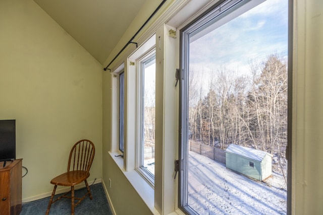 entryway featuring carpet flooring and lofted ceiling