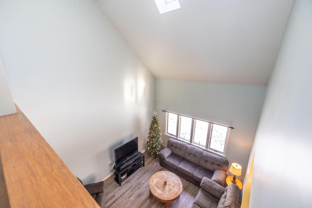 living room featuring light hardwood / wood-style floors and high vaulted ceiling