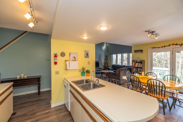 kitchen with dishwasher, sink, rail lighting, dark hardwood / wood-style floors, and white cabinets