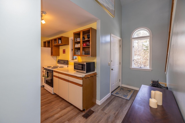 kitchen with white electric range, light wood-type flooring, and a high ceiling