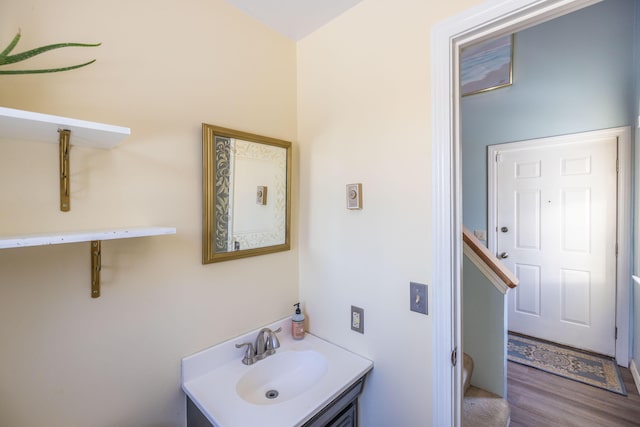 bathroom with wood-type flooring and vanity