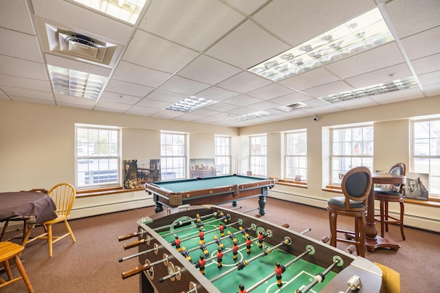 recreation room featuring a paneled ceiling, carpet flooring, pool table, and baseboard heating