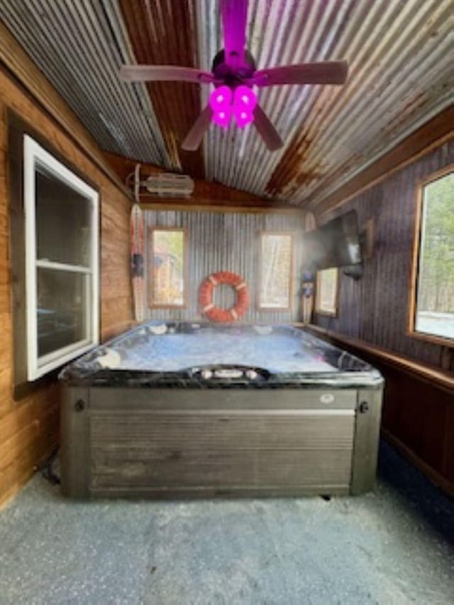 154 Old Brownville Rd, Sebec, ME 04481 - view of patio / terrace with an indoor hot tub and a ceiling fan