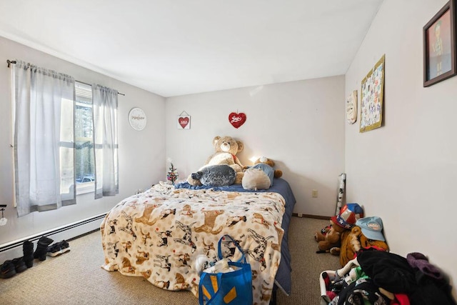 carpeted bedroom featuring a baseboard radiator