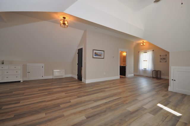 additional living space featuring radiator heating unit, vaulted ceiling, and wood-type flooring