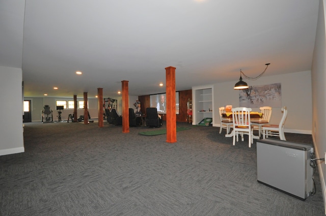 dining room with dark carpet