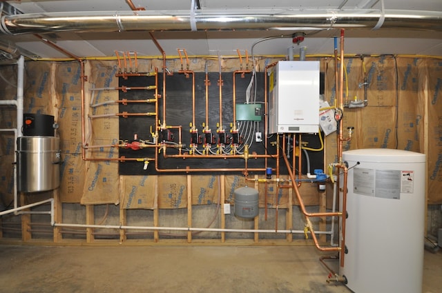 utility room featuring tankless water heater and water heater