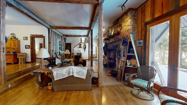 living room featuring french doors, a healthy amount of sunlight, and light wood-type flooring