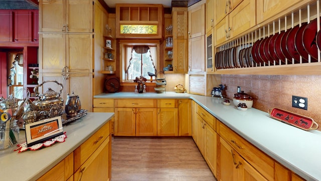 kitchen with light wood-type flooring and decorative backsplash