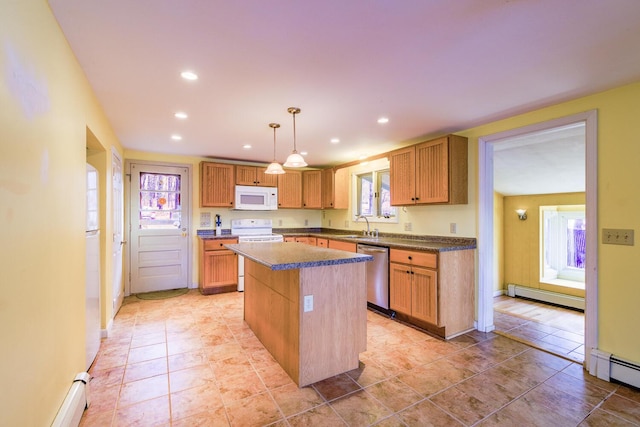 kitchen with white appliances, sink, decorative light fixtures, a baseboard radiator, and a center island