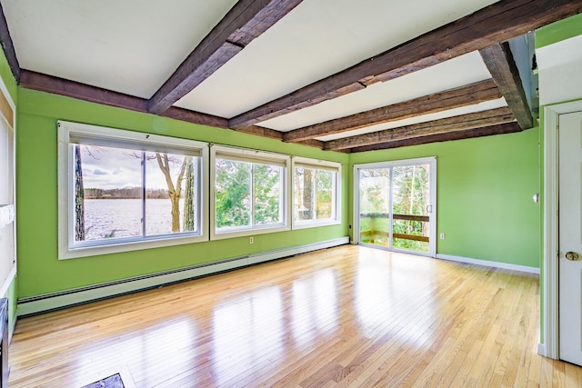 unfurnished sunroom featuring beamed ceiling and a baseboard heating unit