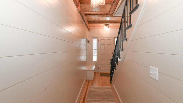 20 N High St, Bridgton, ME 04009 - doorway featuring light wood-type flooring and wooden ceiling