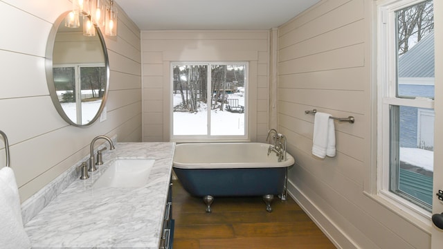 20 N High St, Bridgton, ME 04009 - bathroom with vanity, wood walls, wood-type flooring, and a tub