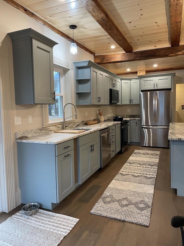 20 N High St, Bridgton, ME 04009 - kitchen featuring pendant lighting, sink, appliances with stainless steel finishes, beamed ceiling, and wood ceiling