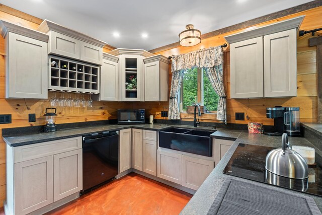 18 Severin Way, Limerick, ME 04048 - kitchen with black appliances, recessed lighting, dark countertops, and glass insert cabinets