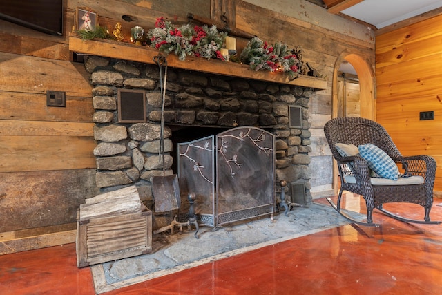 18 Severin Way, Limerick, ME 04048 - detailed view of concrete floors, wooden walls, arched walkways, and a stone fireplace