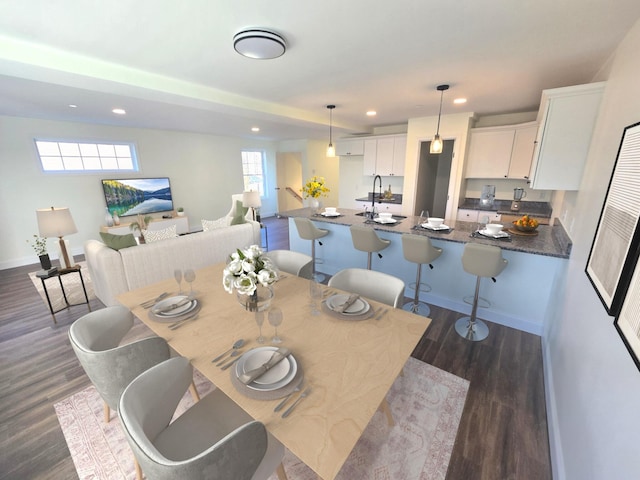 dining space featuring sink and dark wood-type flooring