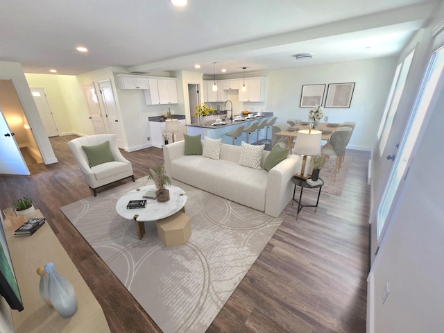 living room featuring sink and hardwood / wood-style flooring