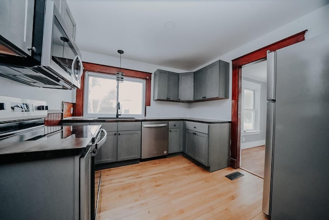 kitchen with light wood-type flooring, stainless steel appliances, sink, decorative light fixtures, and gray cabinets