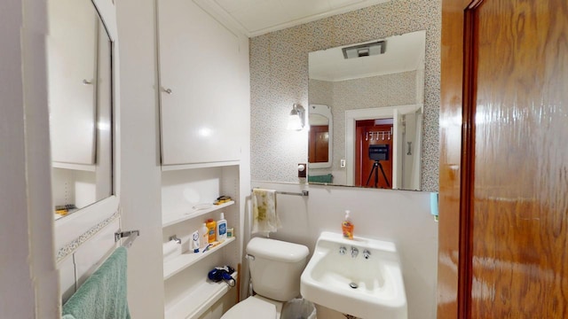 90 E Ter, Millinocket, ME 04462 - half bath featuring wallpapered walls, ornamental molding, toilet, and a sink