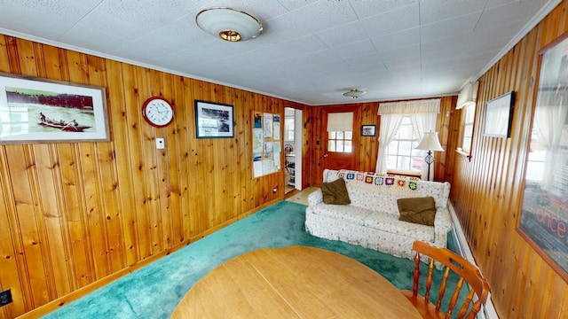 90 E Ter, Millinocket, ME 04462 - living room featuring carpet flooring, wood walls, and crown molding