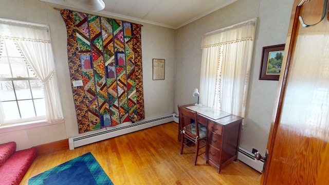 90 E Ter, Millinocket, ME 04462 - office with a baseboard radiator, light wood finished floors, and ornamental molding