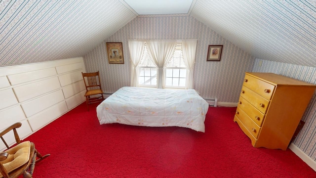 90 E Ter, Millinocket, ME 04462 - bedroom featuring lofted ceiling, a baseboard radiator, carpet, and wallpapered walls