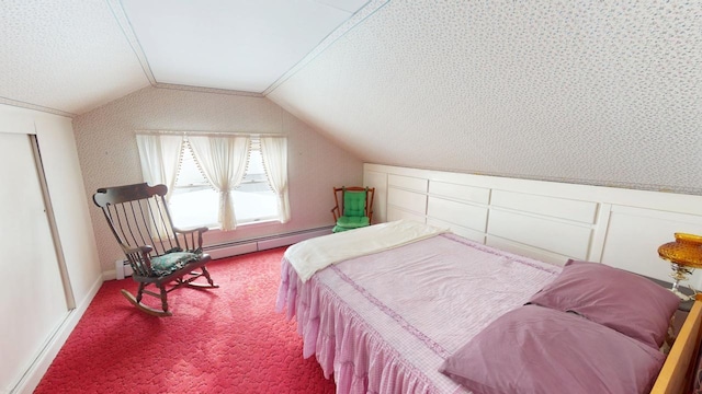 90 E Ter, Millinocket, ME 04462 - carpeted bedroom with vaulted ceiling and a baseboard radiator