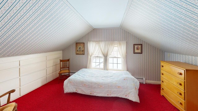 90 E Ter, Millinocket, ME 04462 - carpeted bedroom with lofted ceiling, baseboard heating, and wallpapered walls